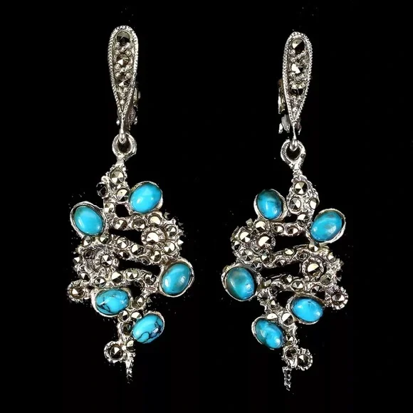 Natural Oval Cab Turquoise 4x3mm Marcasite 925 Sterling Silver Cobra Earrings